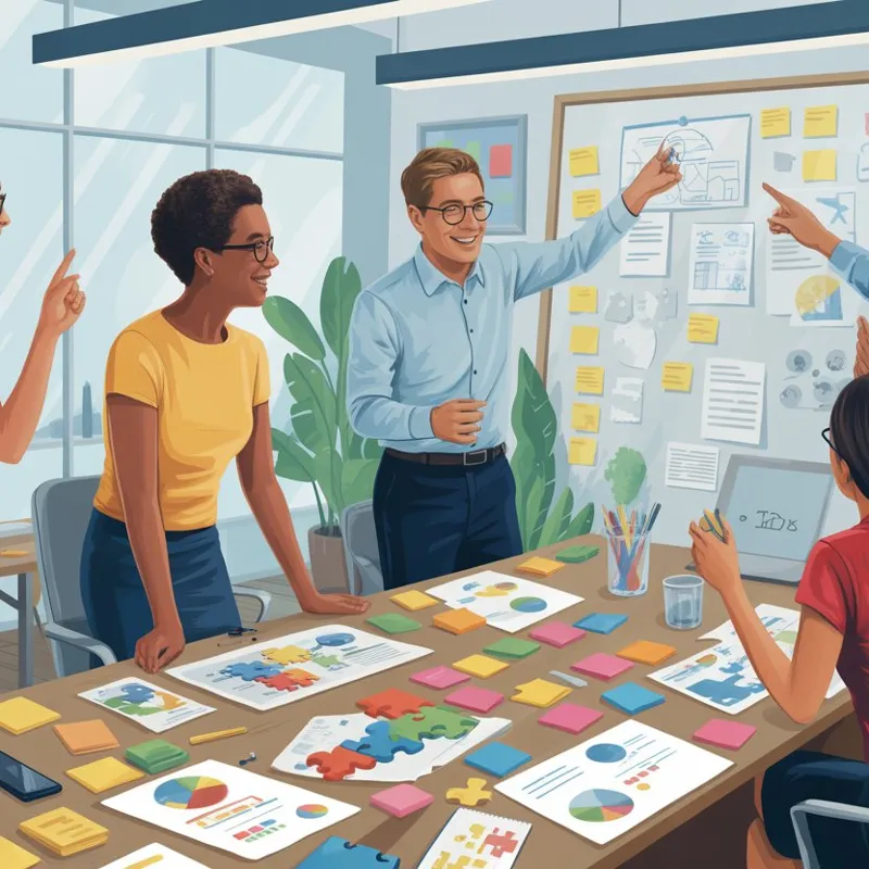 A team collaborating to solve a problem in a workplace setting.
