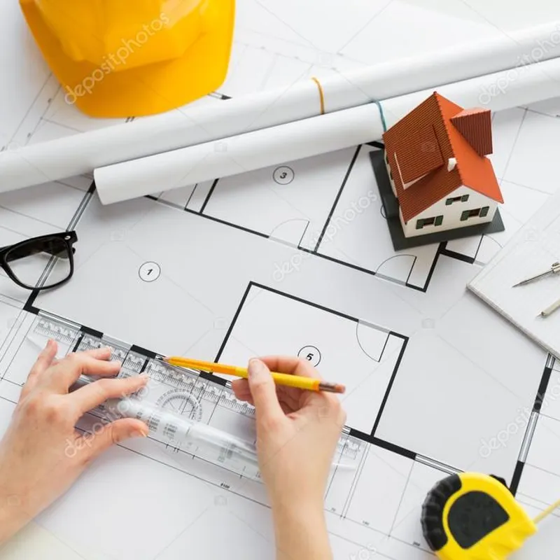 Hands measuring plans in a real-world technical setting.